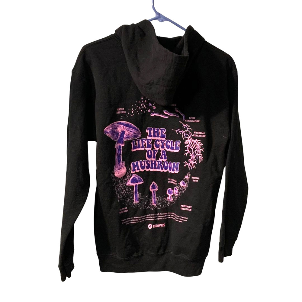 Dravus Women's The Life Cycle of a Mushroom Hoodie Size S Black Mycology Biology